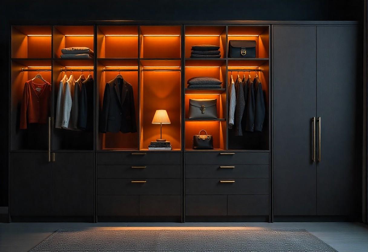 Modern wardrobe designs interior featuring integrated LED lighting system highlighting organized storage areas by Elegante Interiors