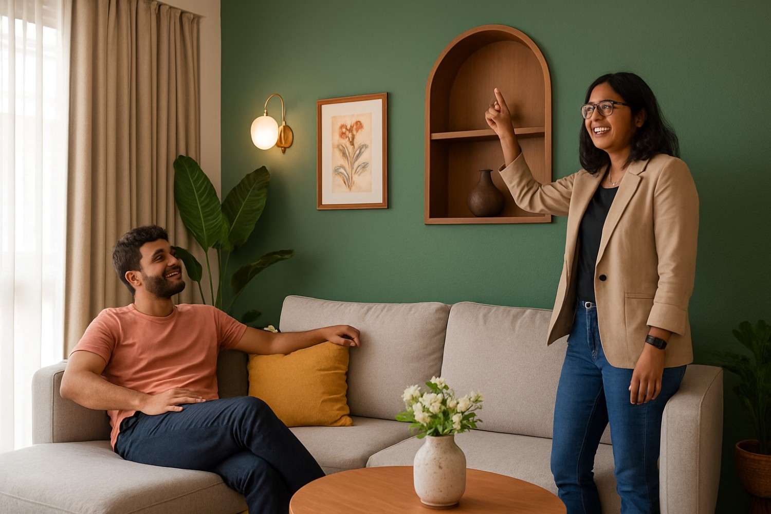 Happy client in completed single-room interior design project discussing details with designer