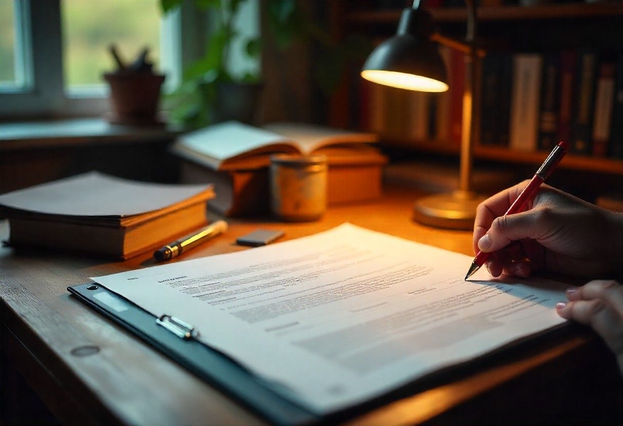 Interior design contract review process with important terms highlighted