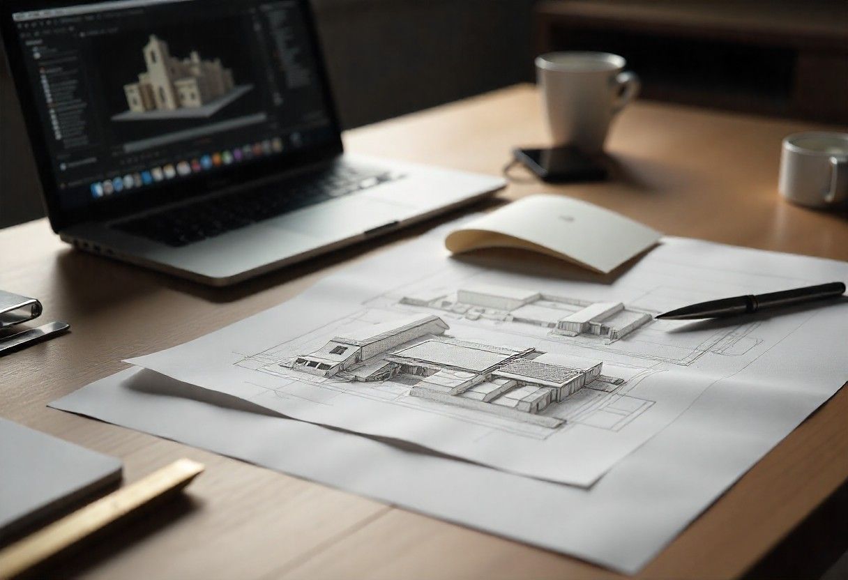 Technical design documentation and planning materials used in professional interior design project development.