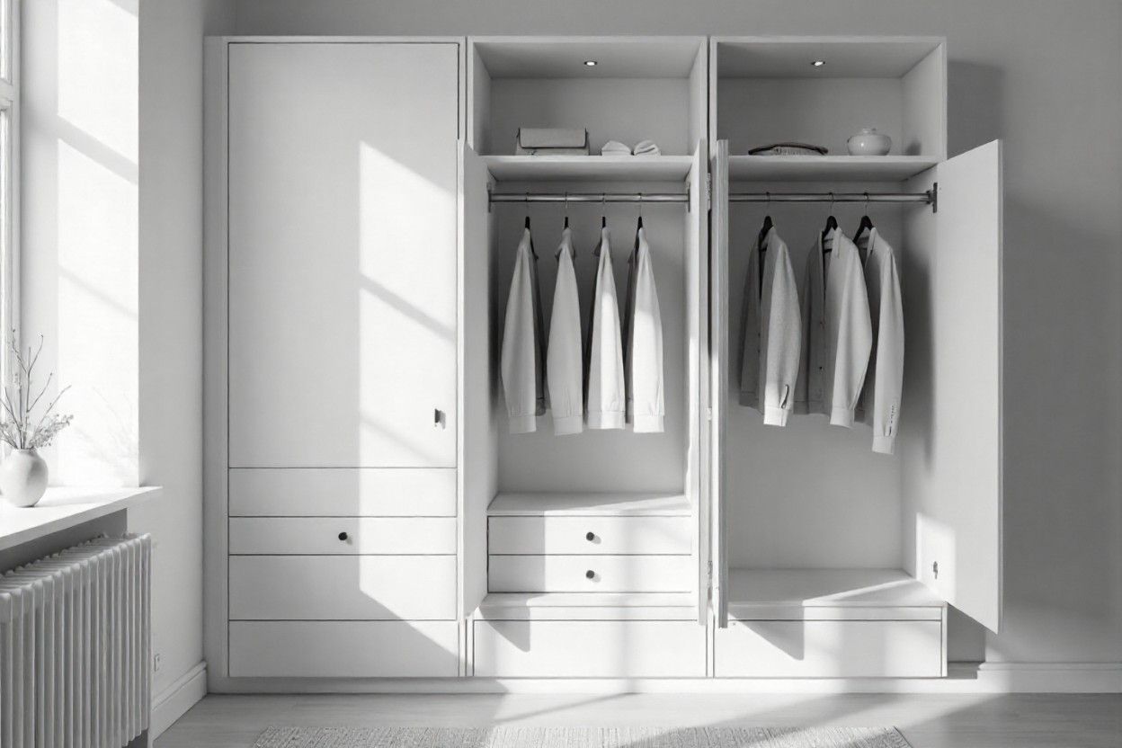 Three different wardrobe designs styles - minimalist, industrial, and traditional - showcasing Elegante Interiors' versatile design capabilities