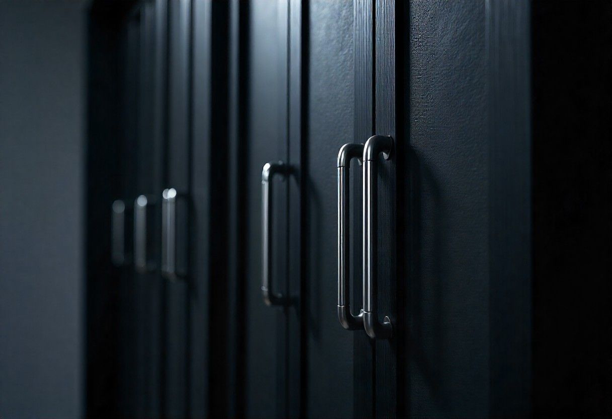 Premium materials and finishes showcase for wardrobe designs featuring wood veneers, hardware, and quality details by Elegante Interiors