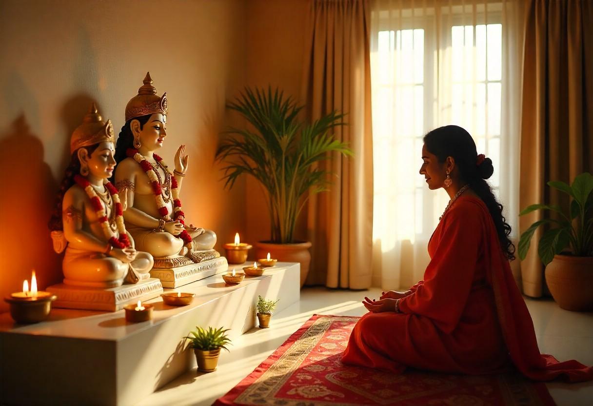 Proper deity placement in pooja room showing East-facing arrangement with adequate spacing and lighting