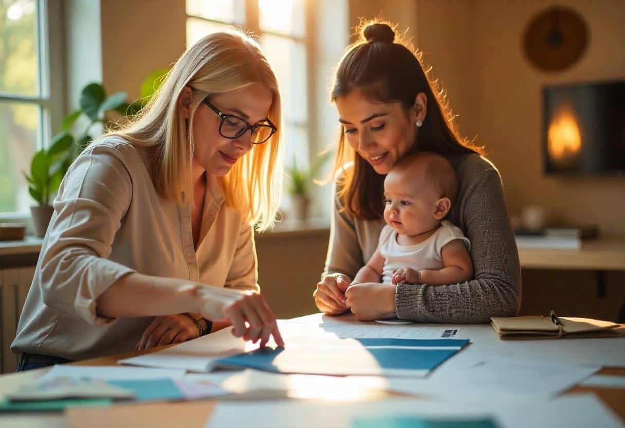 Professional design consultation process for luxury kids room showing material samples, plans, and collaborative design approach.