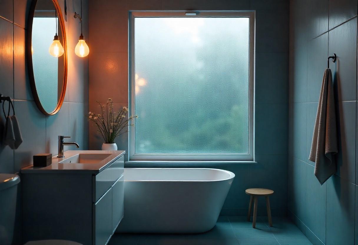 Modern bathroom design showcasing natural light and ambient evening lighting options