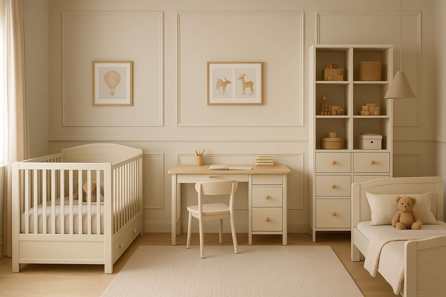 Complete luxury children's bedroom setup featuring convertible crib, adjustable desk, and modular storage in elegant neutral tones