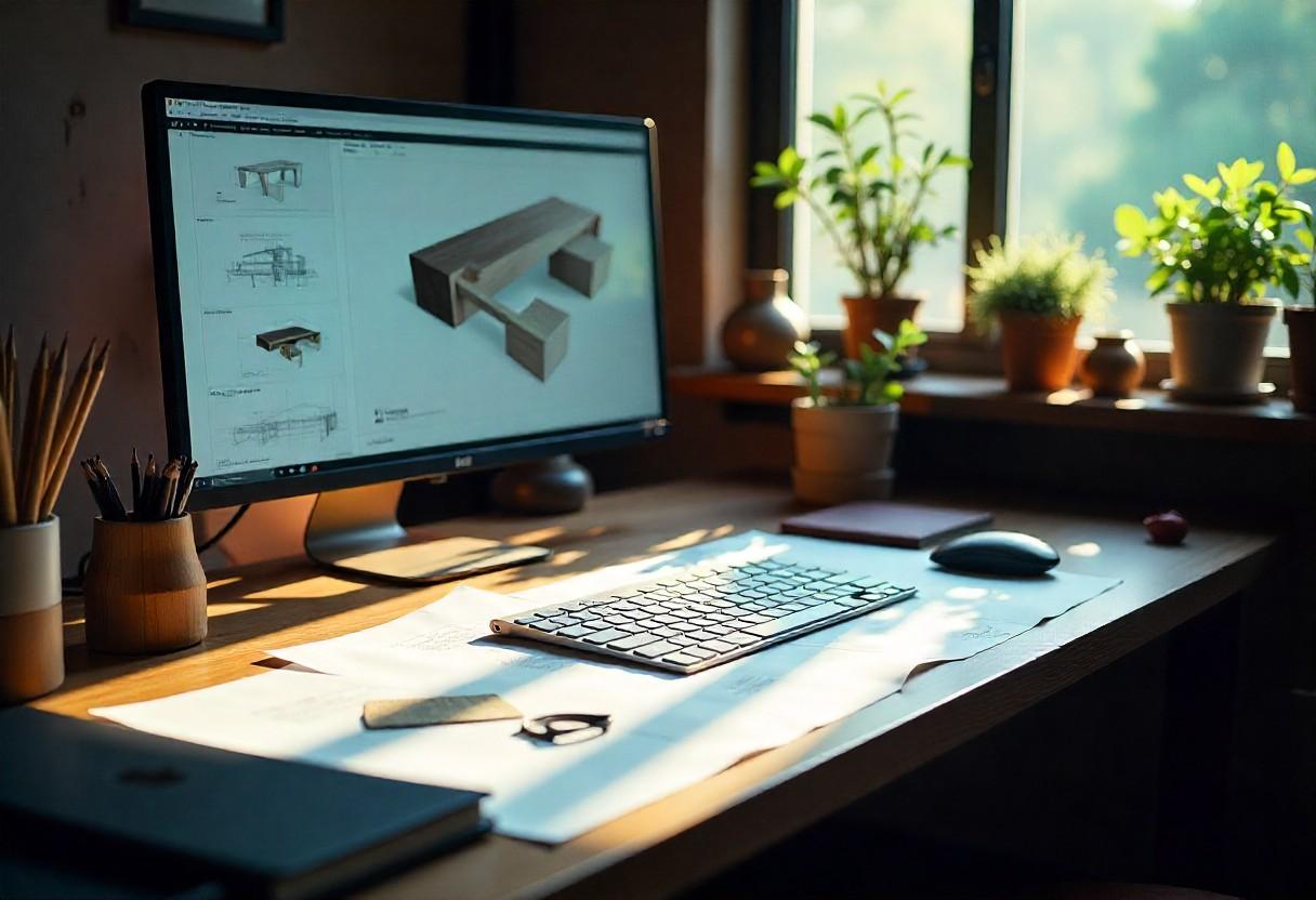 Interior design development process showing technical drawings, material samples, and digital renderings used in professional design planning.