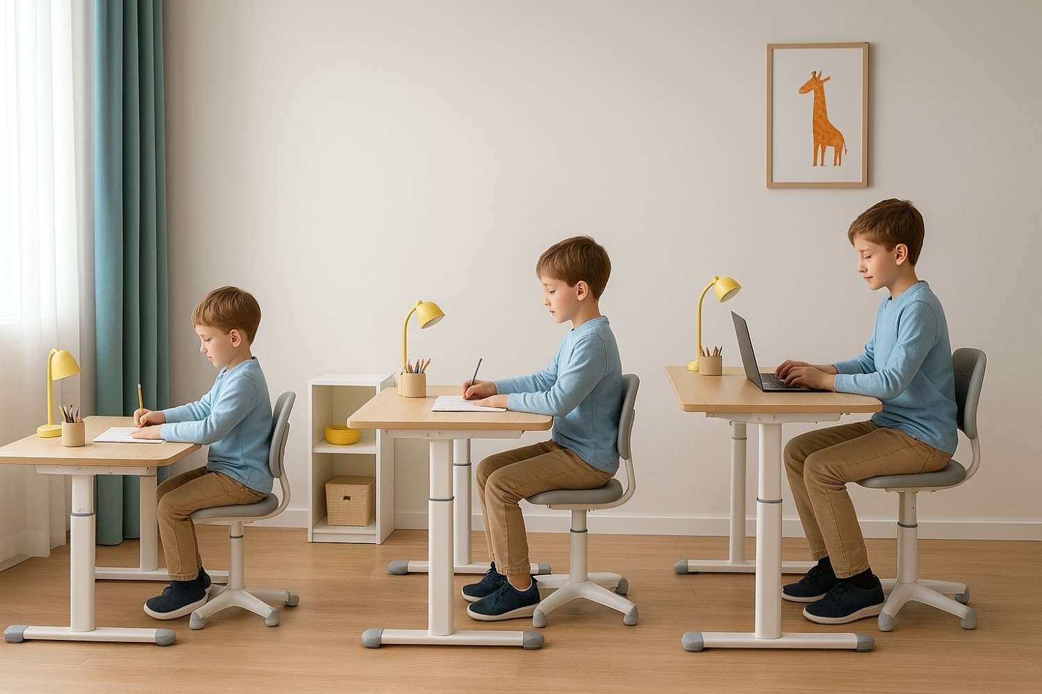 Adjustable luxury children's desk shown adapting from toddler height to teen study station