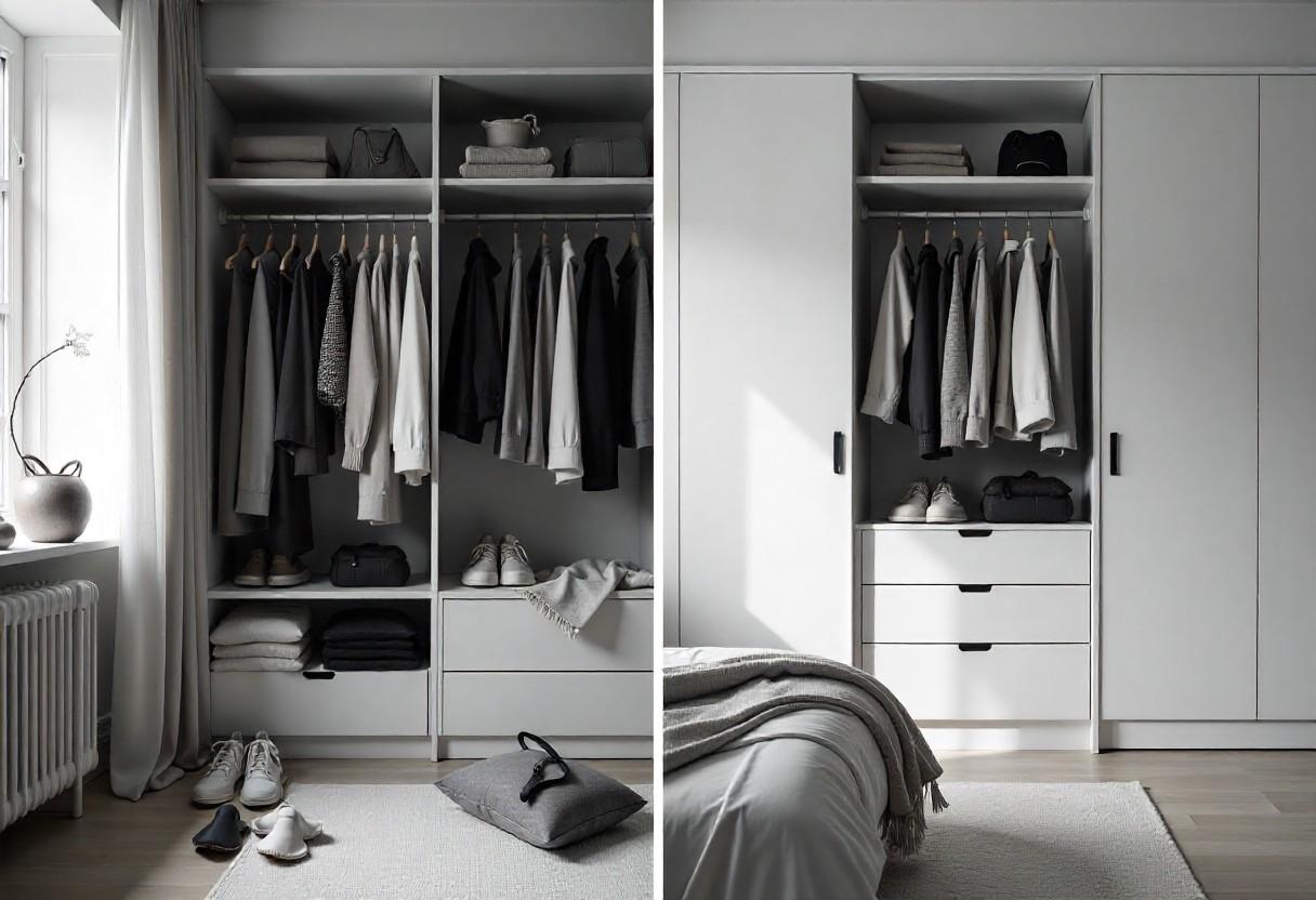 Wardrobe designs transformation showing cluttered bedroom space converted into organized luxury with modern storage solutions by Elegante Interiors