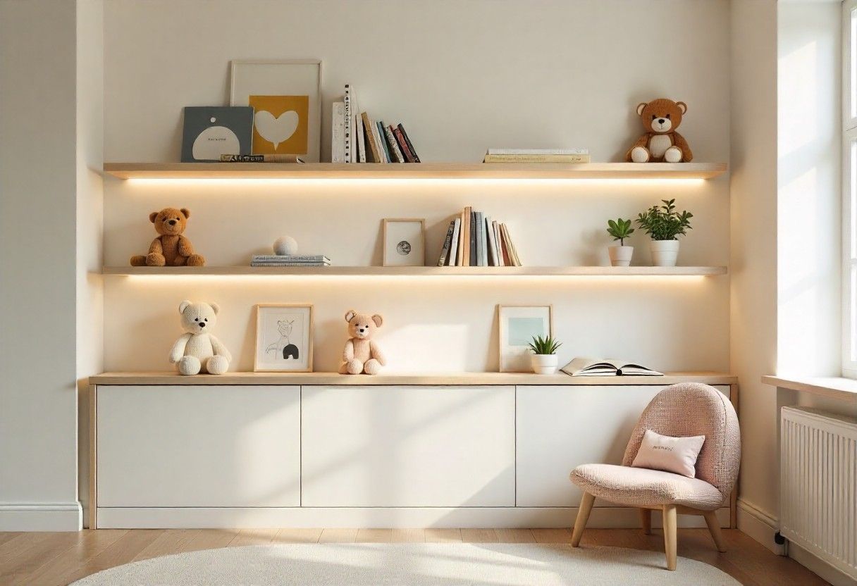 Designer floating shelves with integrated lighting in luxury kids room
