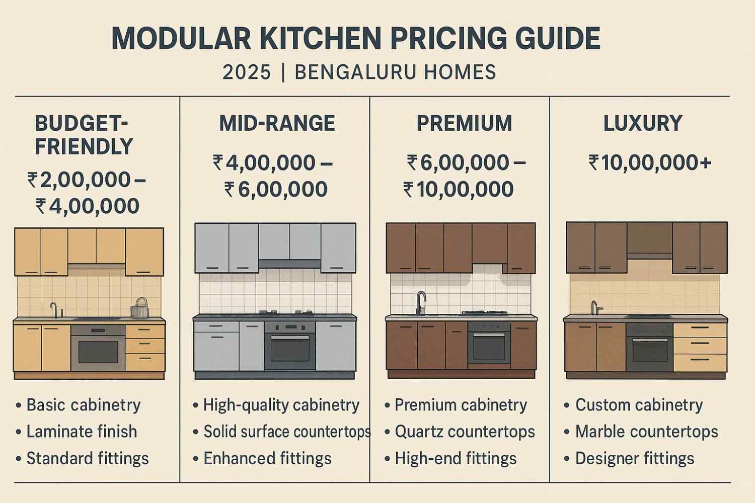 Modular kitchen pricing guide 2025 for Bengaluru homes showing different budget ranges and features
