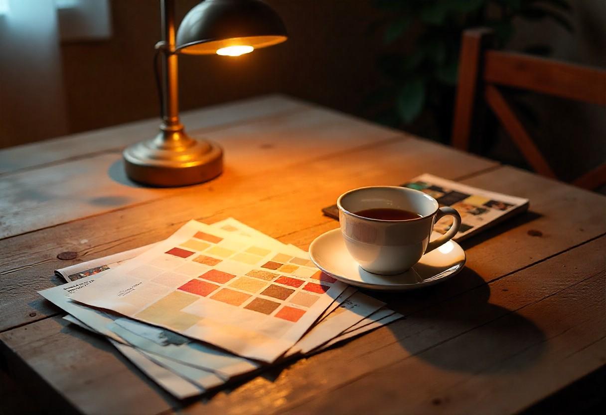 Homeowner creating inspiration board with design materials and color swatches