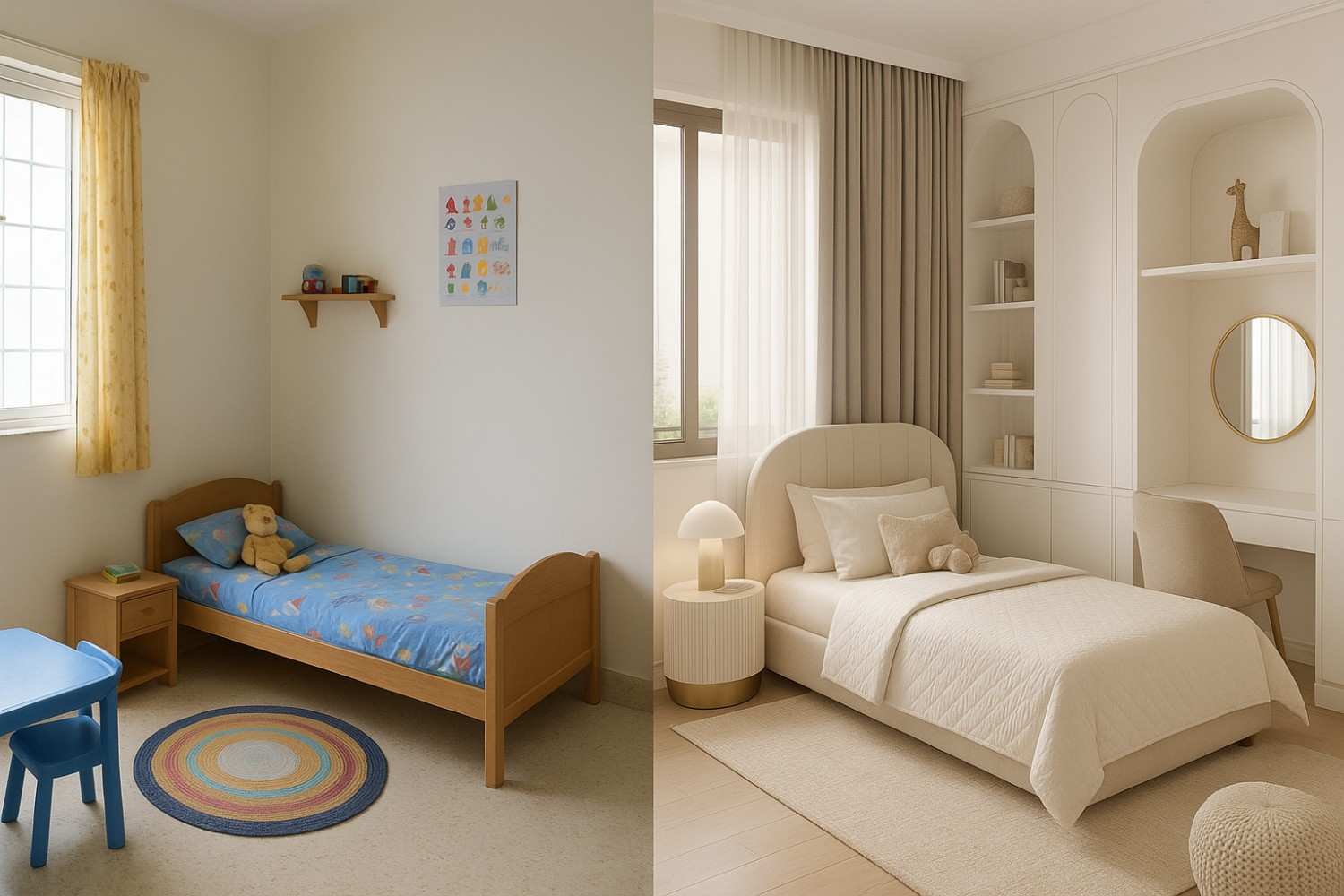 Transformation of ordinary kids room into luxury designer space showcasing elevated aesthetics and functionality