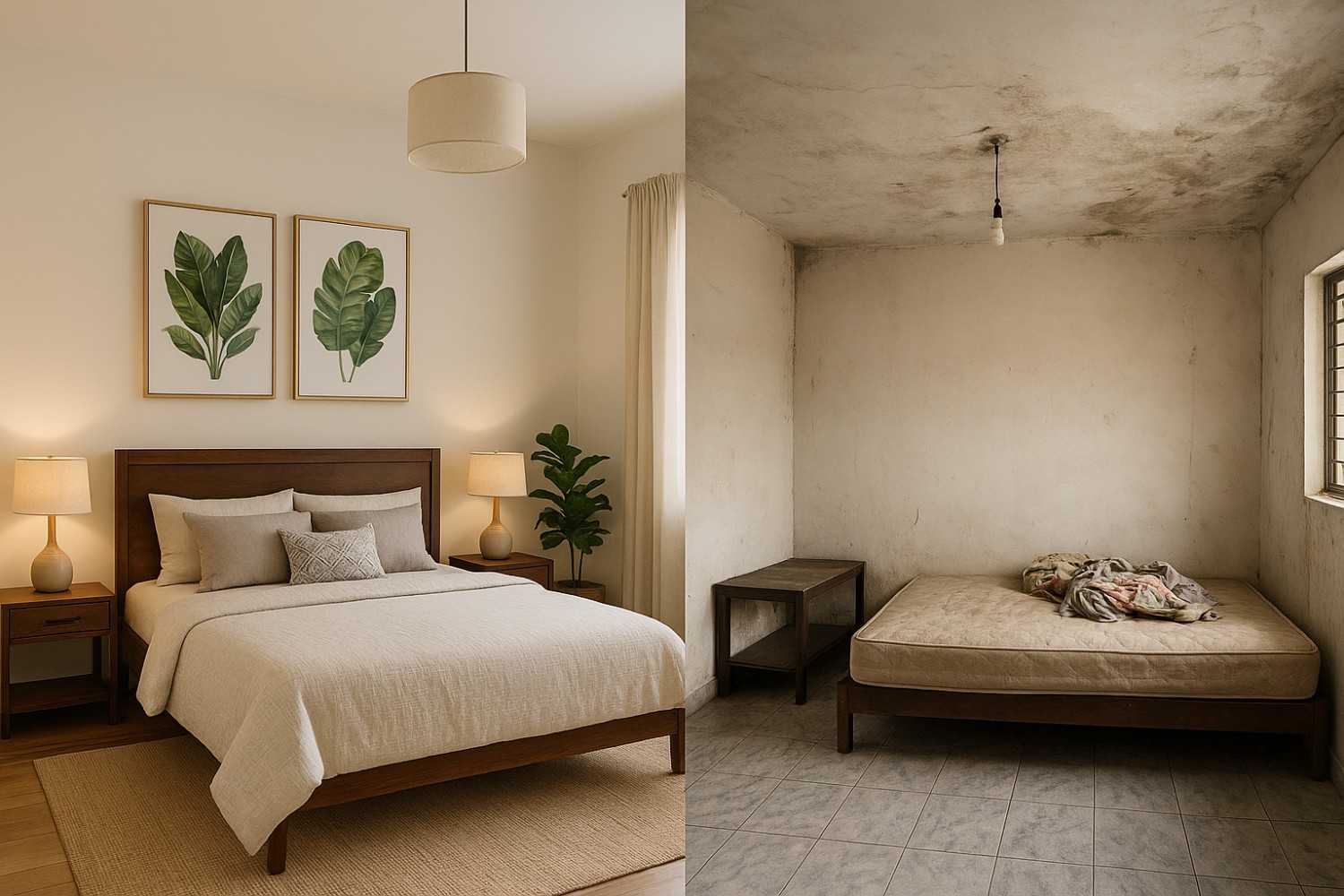 Comparison showing professional interior design results versus amateur attempts