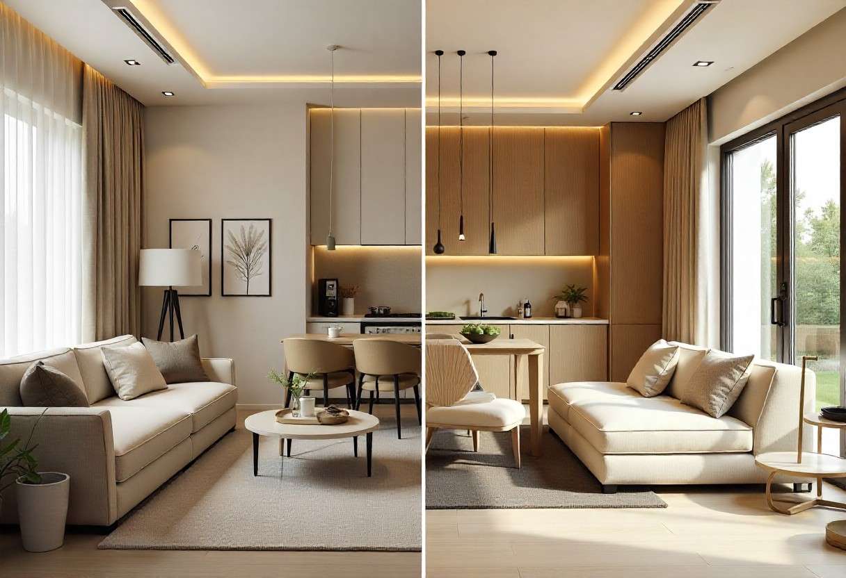 Comparison of luxury interior design in compact 2BHK apartment versus spacious 4BHK villa in Bengaluru, showing scale differences.