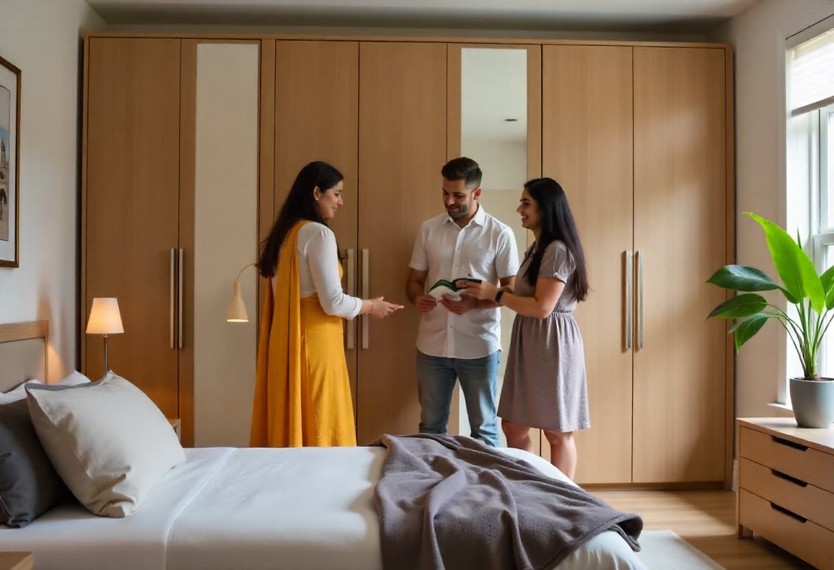 Indian family choosing modern wardrobe designs with interior designer showing wardrobe materials and customization options