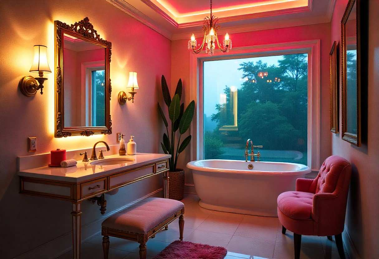 Layered bathroom lighting design showcasing various fixture types and ambient lighting effects