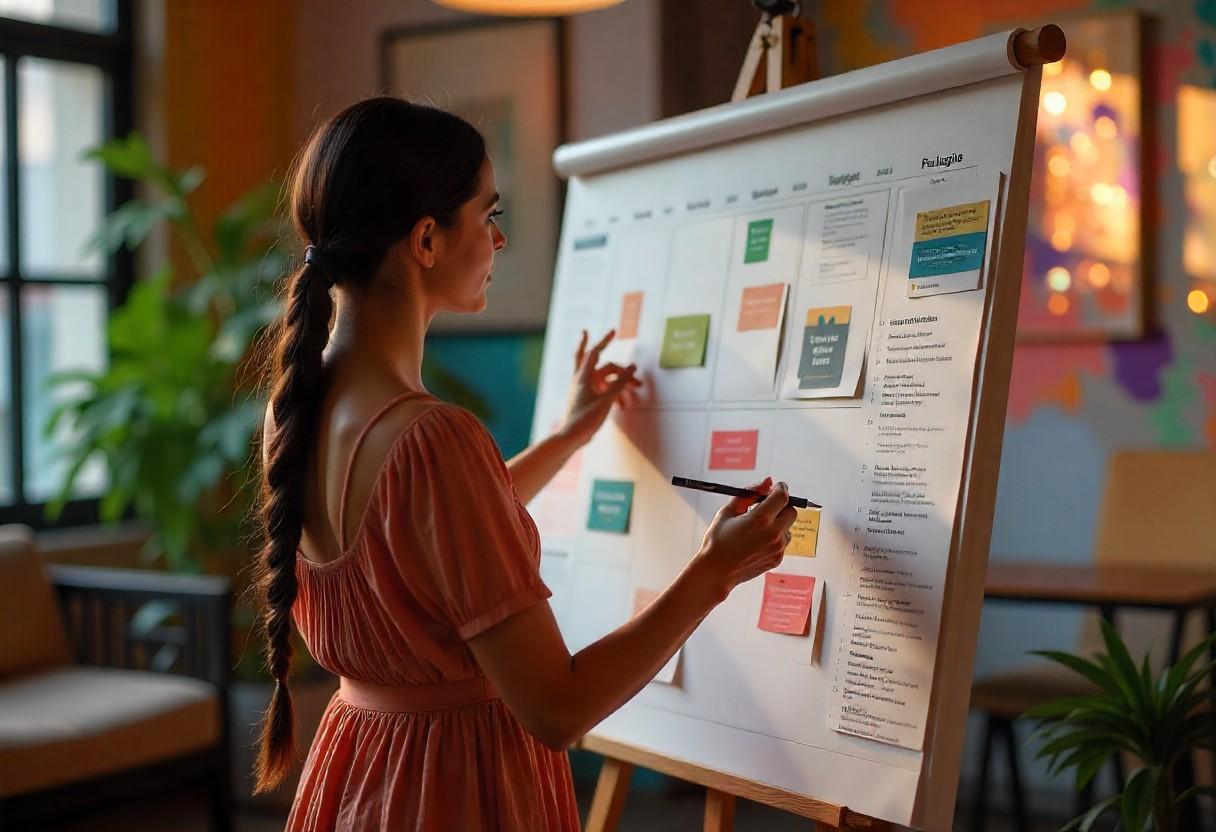 Interior designer reviewing project timeline and contingency plans with clients