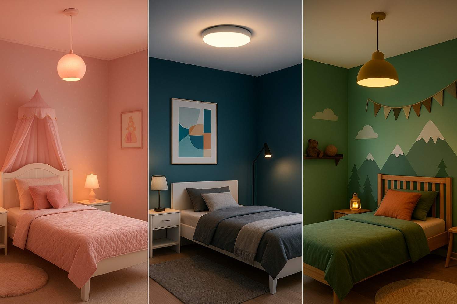 Three luxury children's room designs showcasing lighting choices for princess, modern, and adventure themes