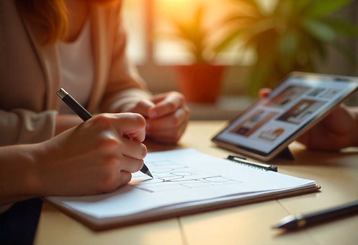 Interior designer creating custom sketches during paid consultation session