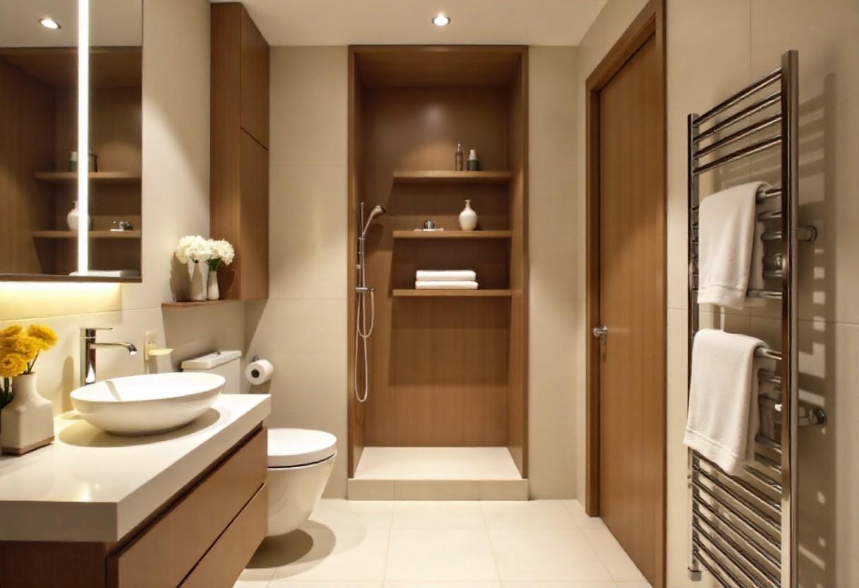 Small Indian bathroom featuring wall-mounted vanity, recessed niches, and vertical storage solutions by Elegante Interiors