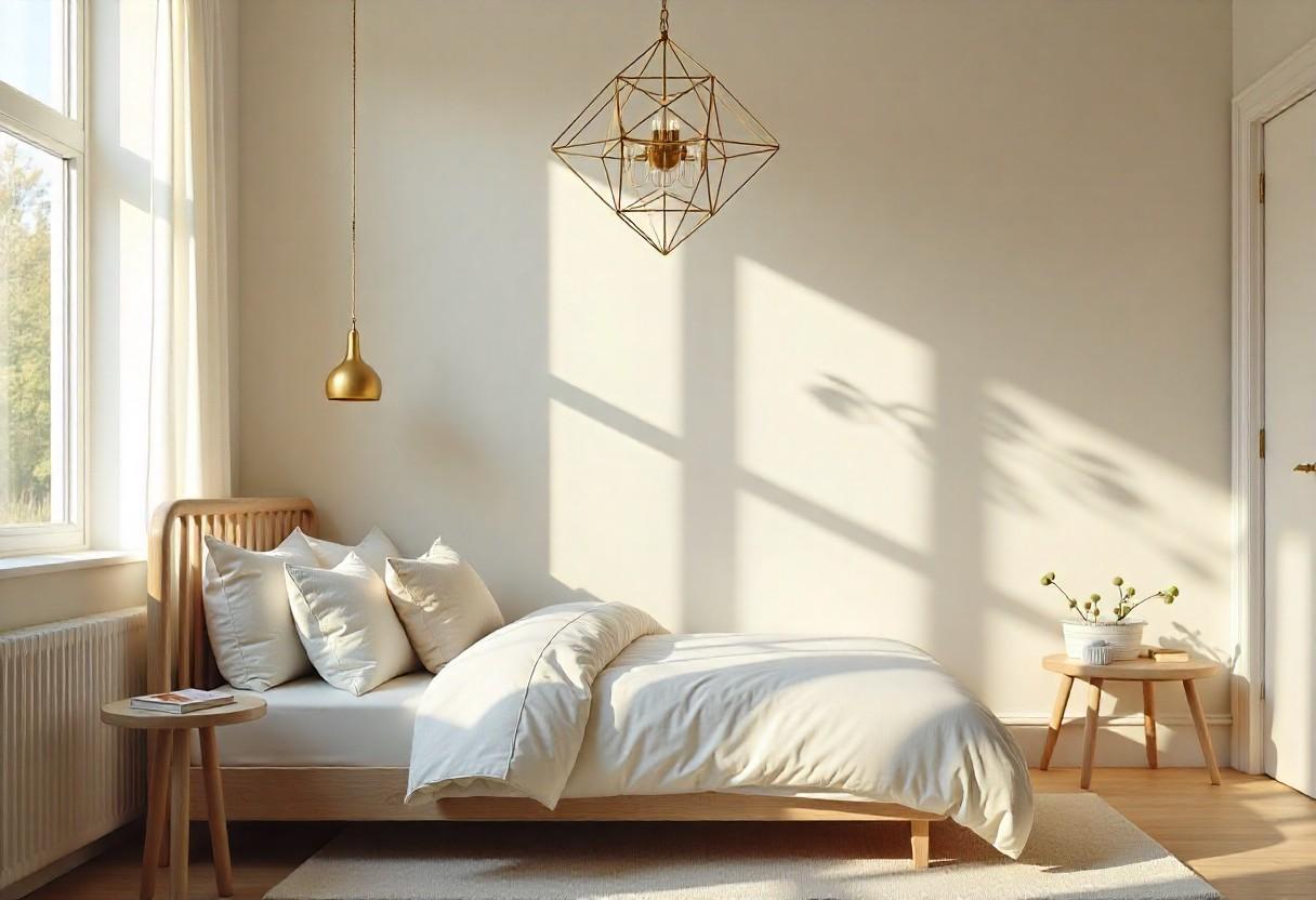 Modern geometric brass chandelier creating ambient lighting in a sophisticated children's bedroom design