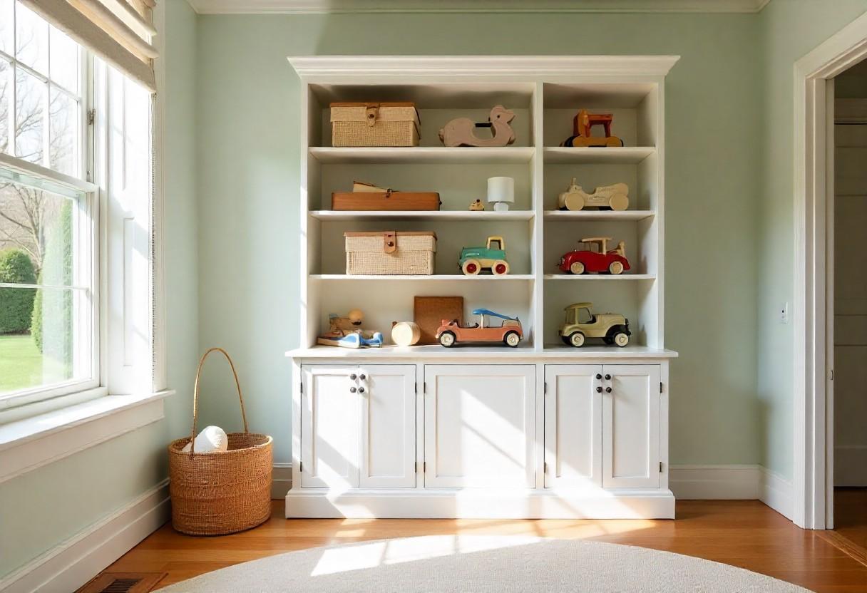 Sophisticated toy storage with display areas and hidden compartments in luxury kids room