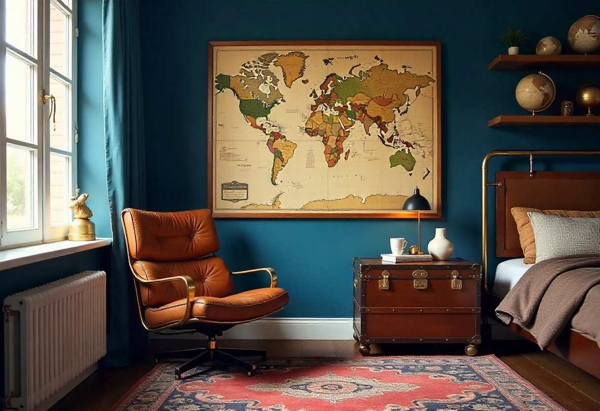 Global explorer themed kids room with world map, vintage leather chair, globe collection, and travel-inspired decor by Elegante Interiors.