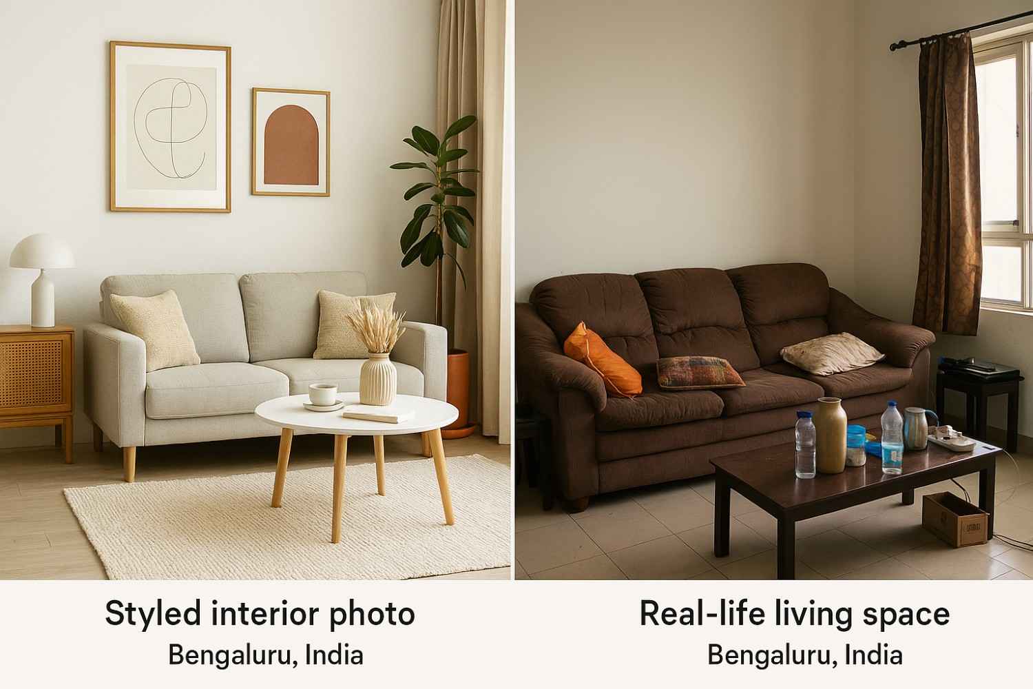 Comparison between styled interior photos and real-life living spaces, illustrating the difference between decoration and functional interior design.