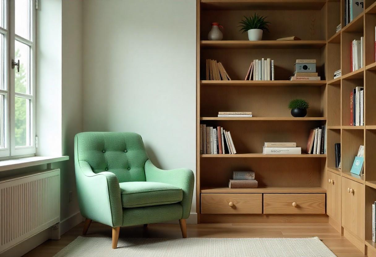 Cozy reading nook with sage green chair and neutral walls in modern kids room interior design