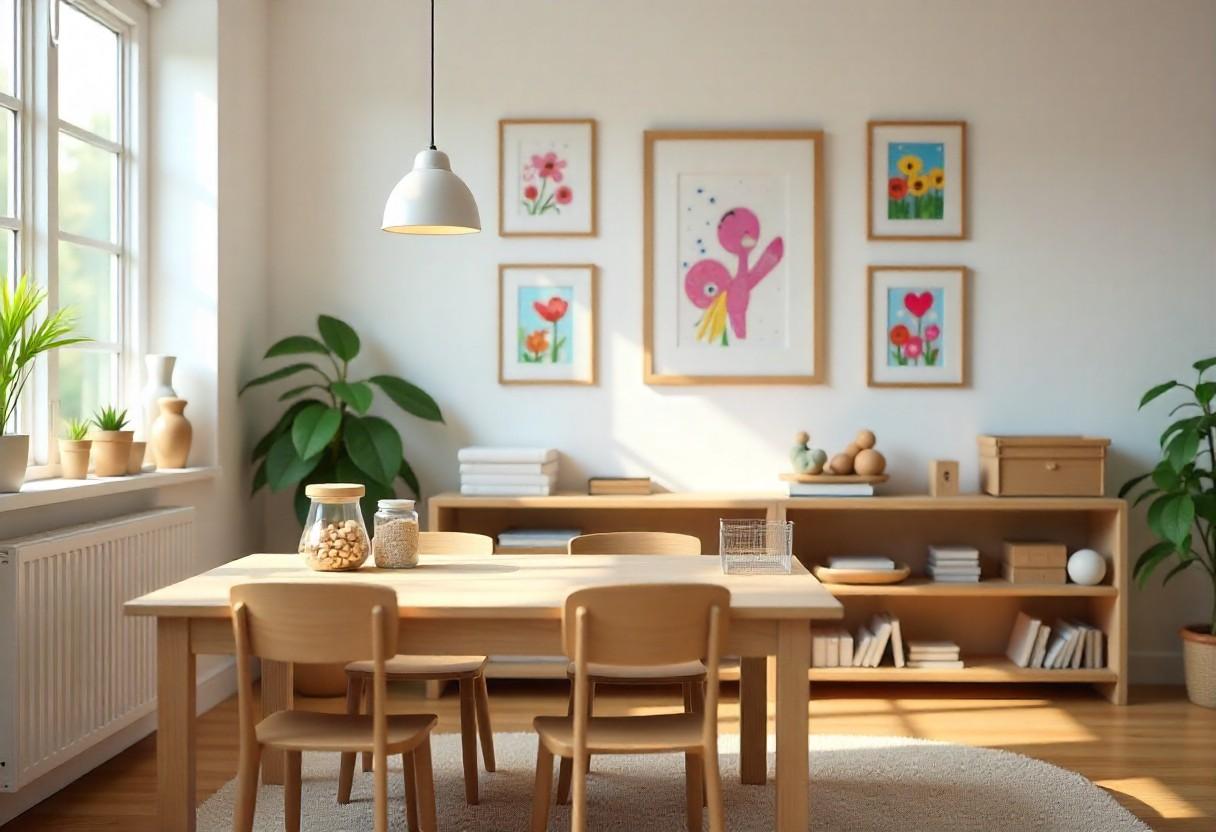 Artistic atelier kids room with craft table, organized art supplies, gallery lighting, and rotating art display by Elegante Interiors.
