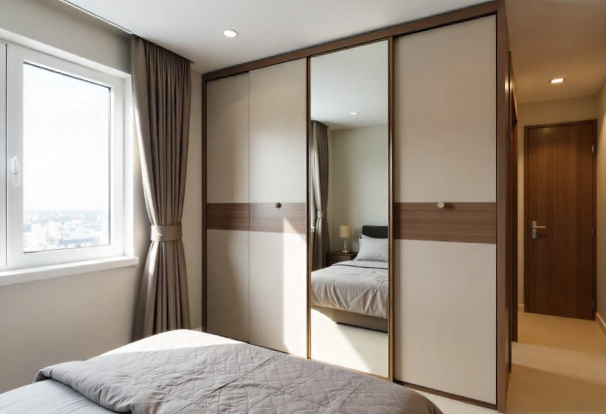 Modern wardrobe designs for small bedrooms featuring space-saving mirror doors and vertical storage in Indian apartment