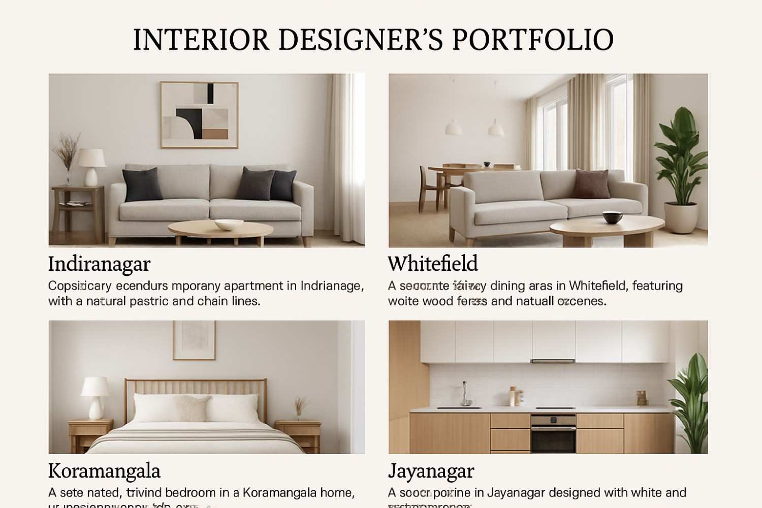 Interior design portfolio showcasing diverse luxury home projects across different Bengaluru locations and styles.