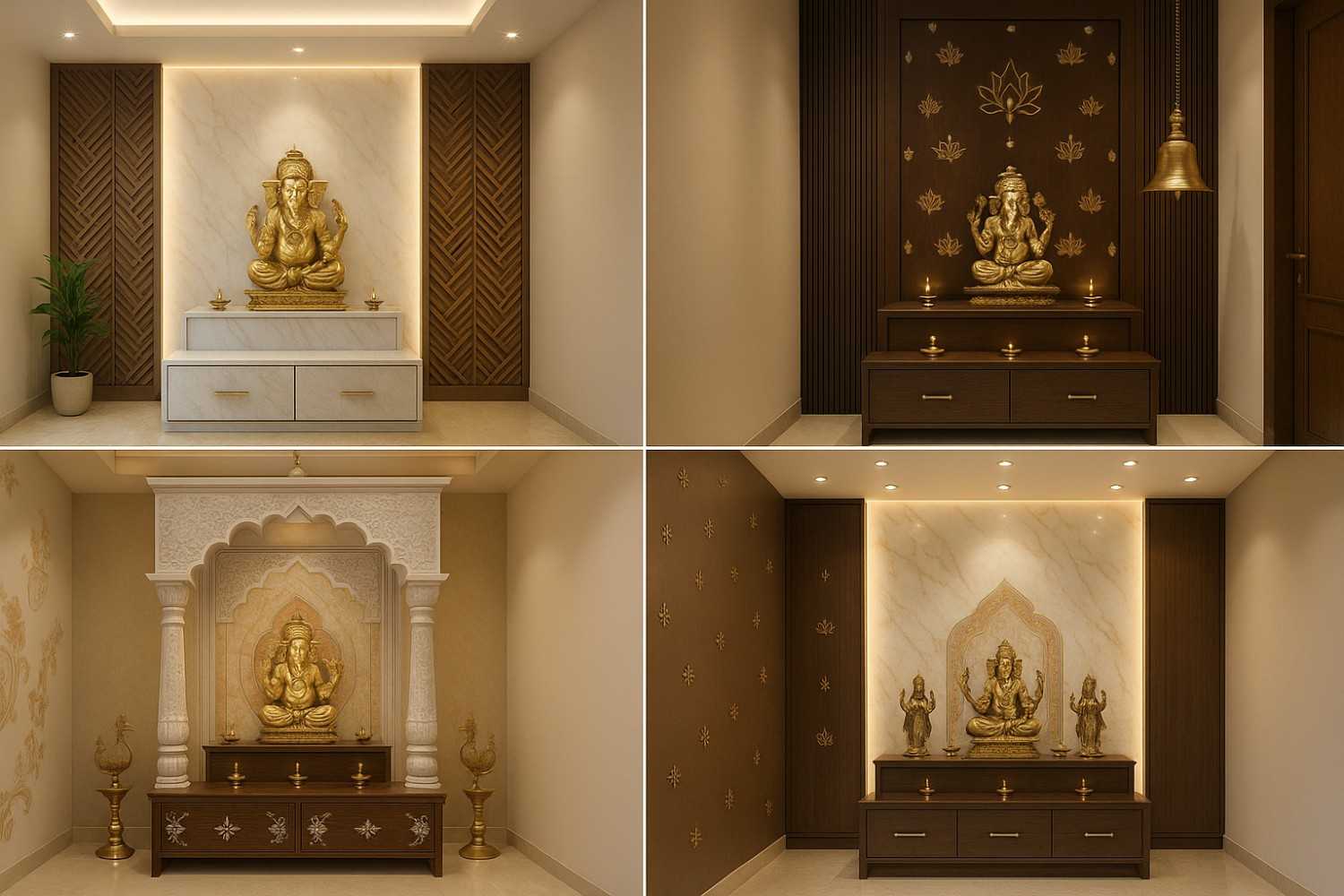 Luxury pooja room designs by Elegante Interiors showcasing Vastu-compliant layouts with premium materials and craftsmanship