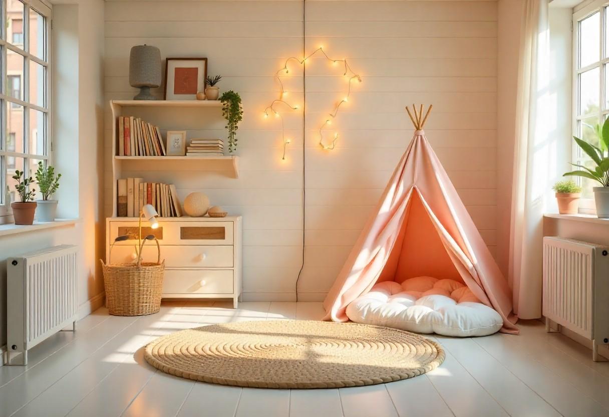 Scandinavian style kids room with natural textures, white walls, wooden elements, and cozy reading nook by Elegante Interiors.