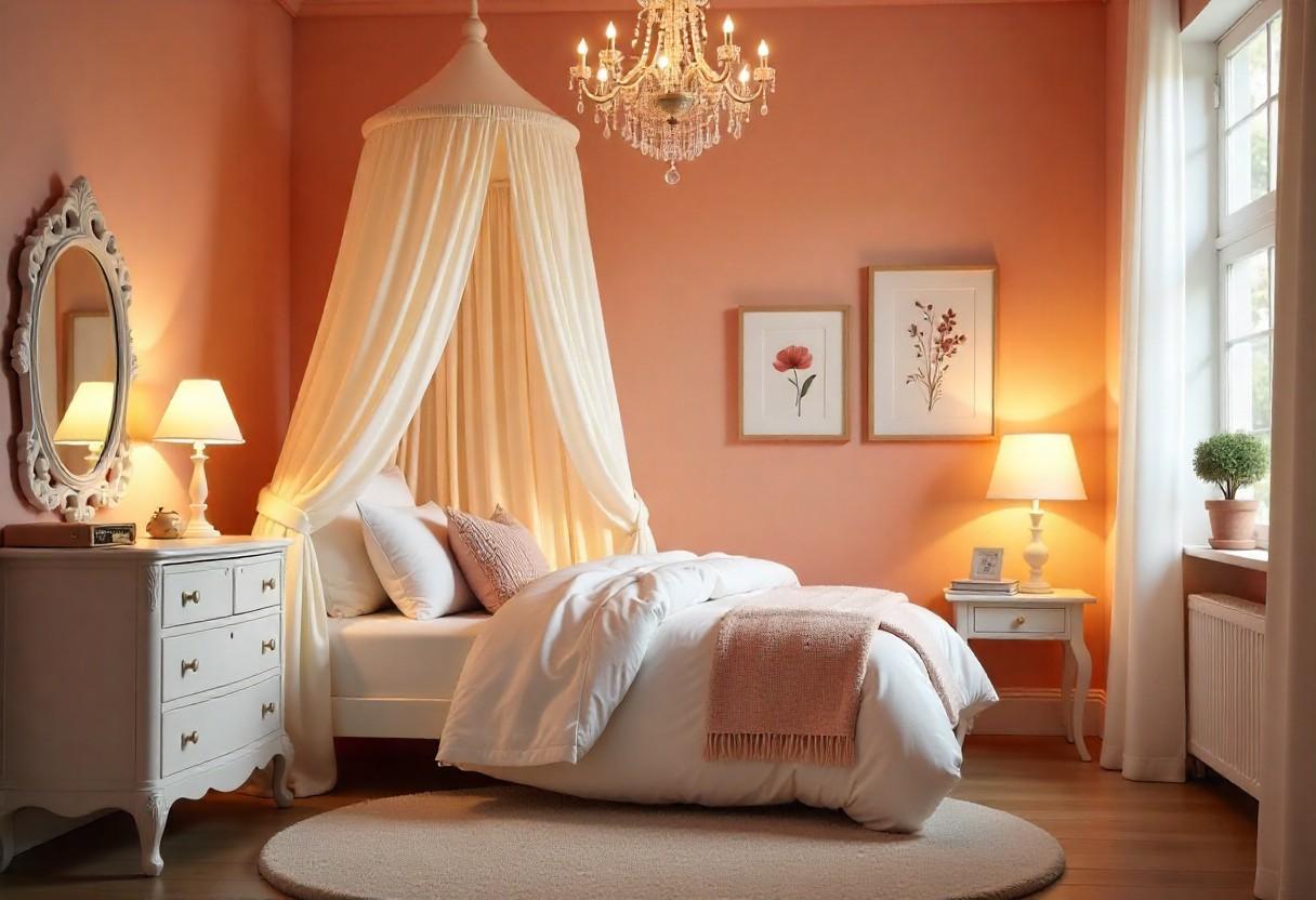 Elegant fairytale kids room with canopy bed, crystal lighting, vintage furniture, and sophisticated romantic details by Elegante Interiors.