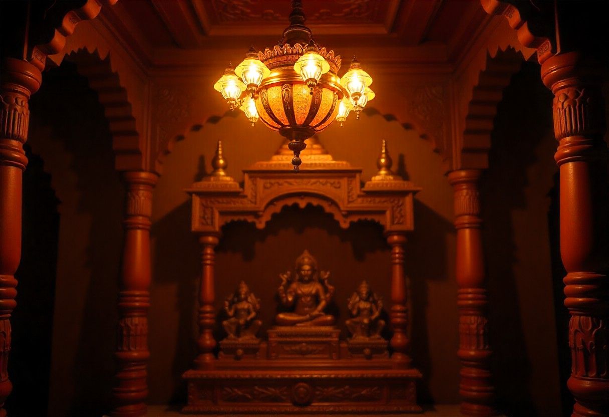 Artistic brass lotus pendant lights creating statement lighting feature in luxury pooja room design