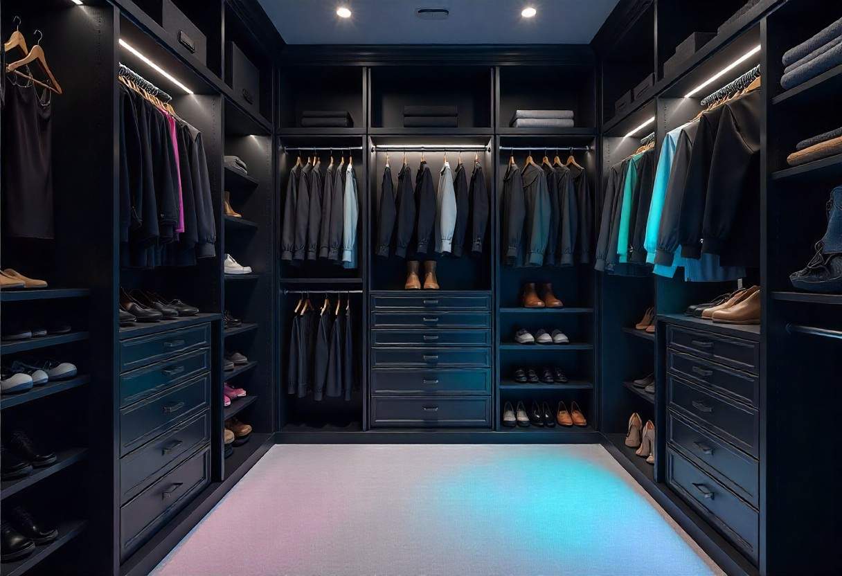 Advanced wardrobe designs features demonstration showing pull-down systems and rotating mechanisms in modern luxury wardrobe by Elegante Interiors