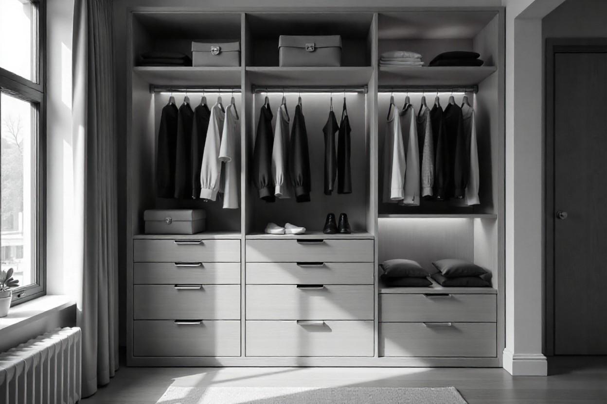 Detailed view of wardrobe designs interior configuration showing optimized storage solutions for different clothing types by Elegante Interiors