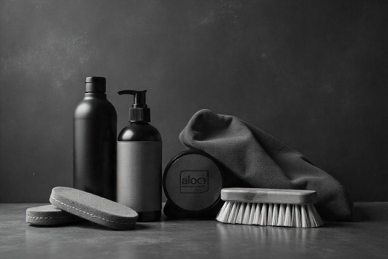 Wardrobe designs maintenance kit showing specialized cleaning products and tools for different materials used in Elegante Interiors designs