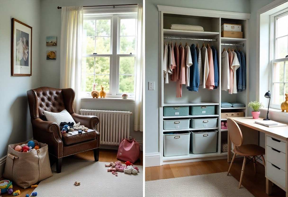 Before and after transformation of luxury kids room with custom storage solutions