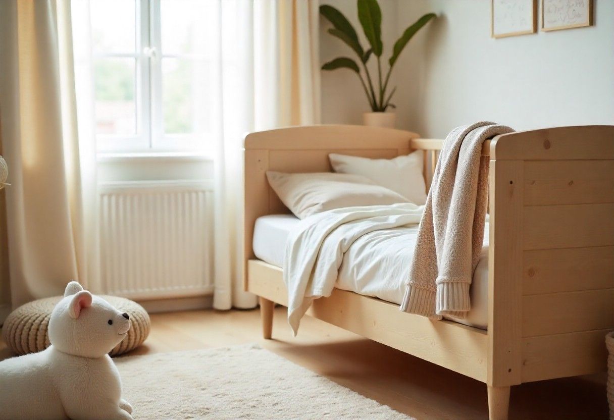 Modern nursery crib area showcasing natural textures and luxury materials in neutral colour palette