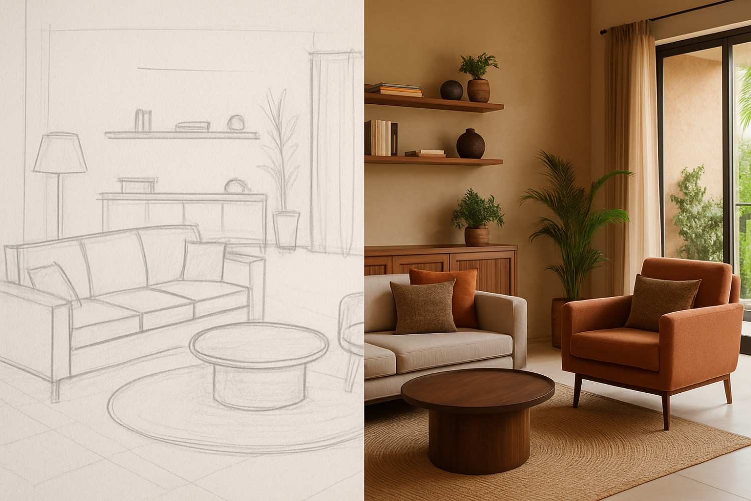 Interior design transformation from consultation concept sketches to finished luxury room reveal