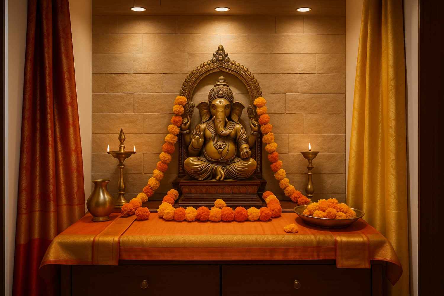 Harmonious pooja room decor with coordinated lighting highlighting silk drapes, brass accessories, and fresh flowers