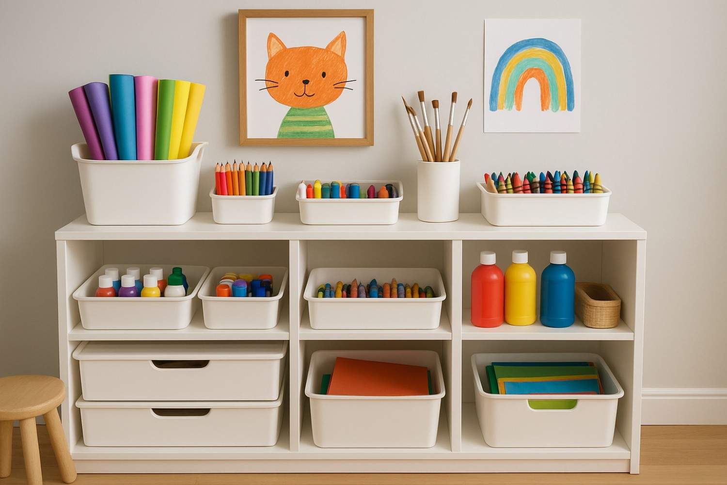 Personalized art supply storage station in luxury kids room