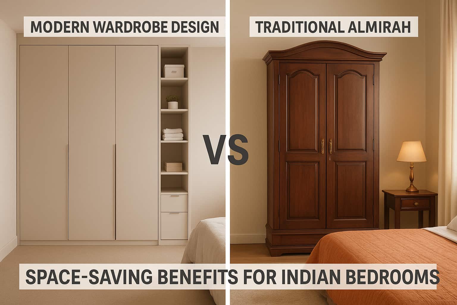 Modern wardrobe designs vs traditional almirahs comparison showing space-saving benefits for Indian bedrooms