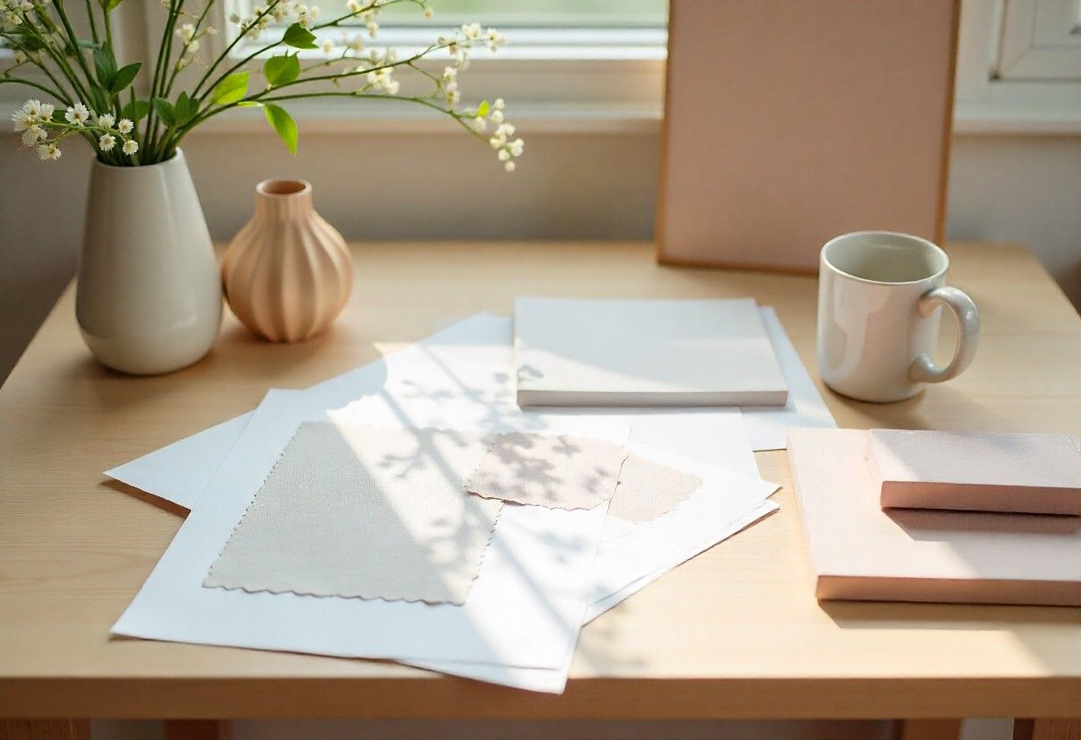 Professional interior design mood board with luxury fabric samples, color palettes, and material selections for Bengaluru home project.