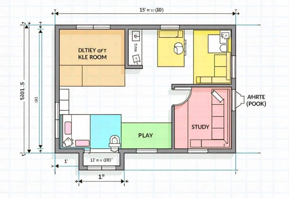 Professional space planning diagram for luxury kids room showing functional zones and optimal traffic flow patterns