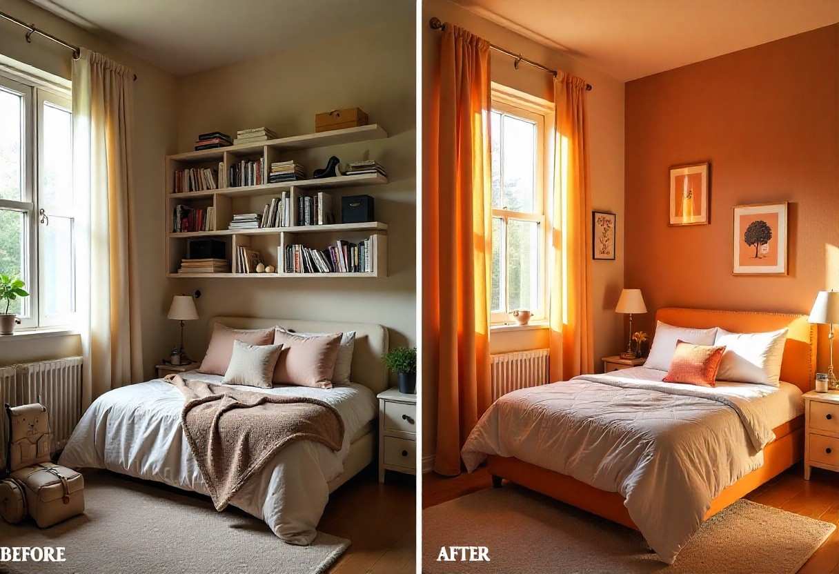 Before and after transformation of kids room space planning showing cluttered room converted to organized luxury design