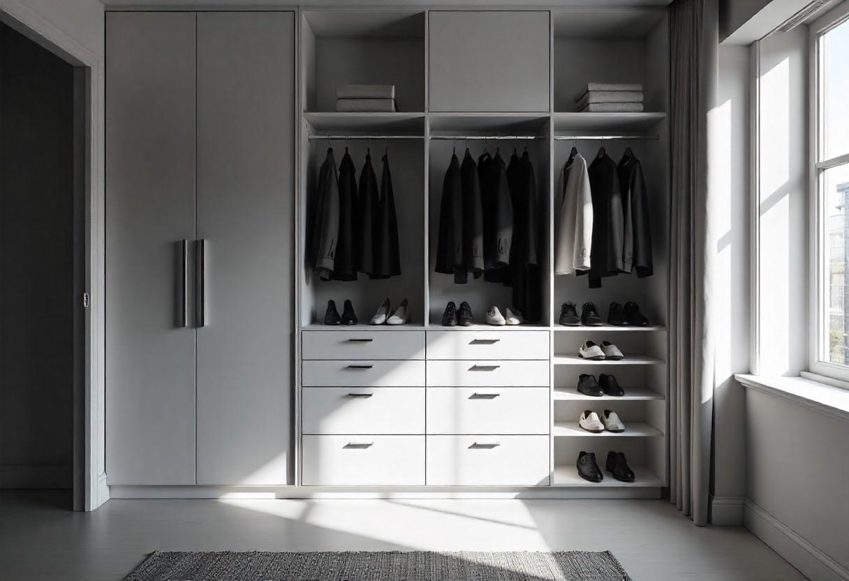 Interior view of custom wardrobe designs showing organized zones for different clothing types and accessories by Elegante Interiors